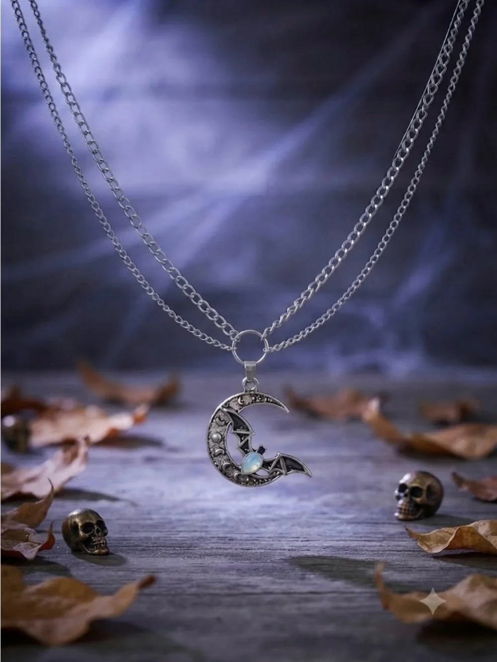 Hand Crafted Silver Moon & Bat Pendant Necklace